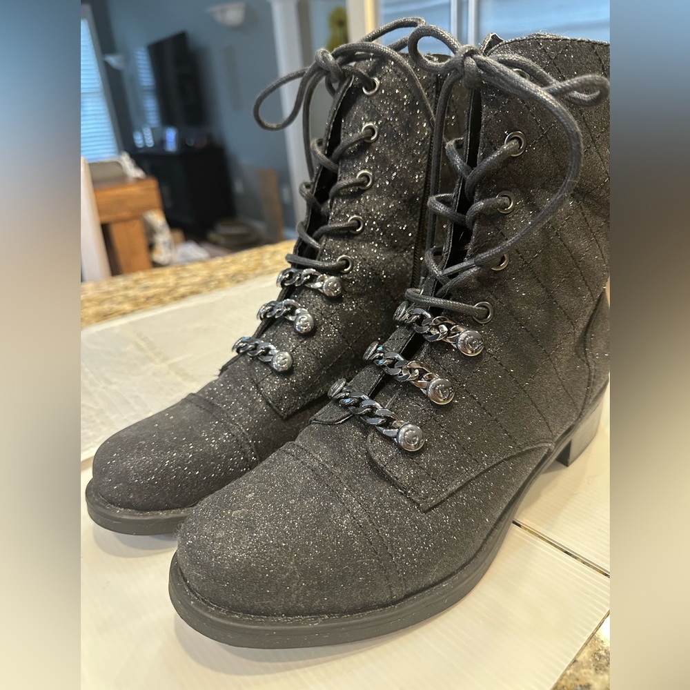 G by Guess Black Glitter Combat Boots. Worn Once. Sz 9.5. Smoke Free Home. - Picture 2 of 11